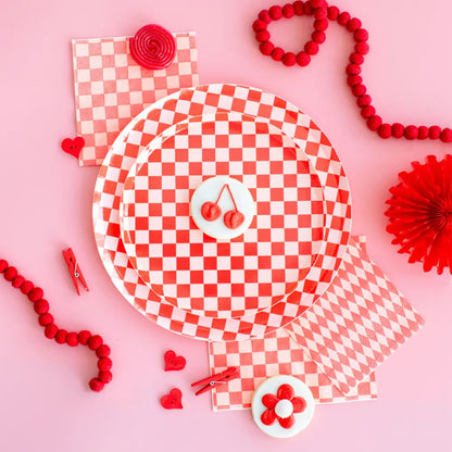 Checkered Red & Peachy Pink Dessert Plates (8 Pack)